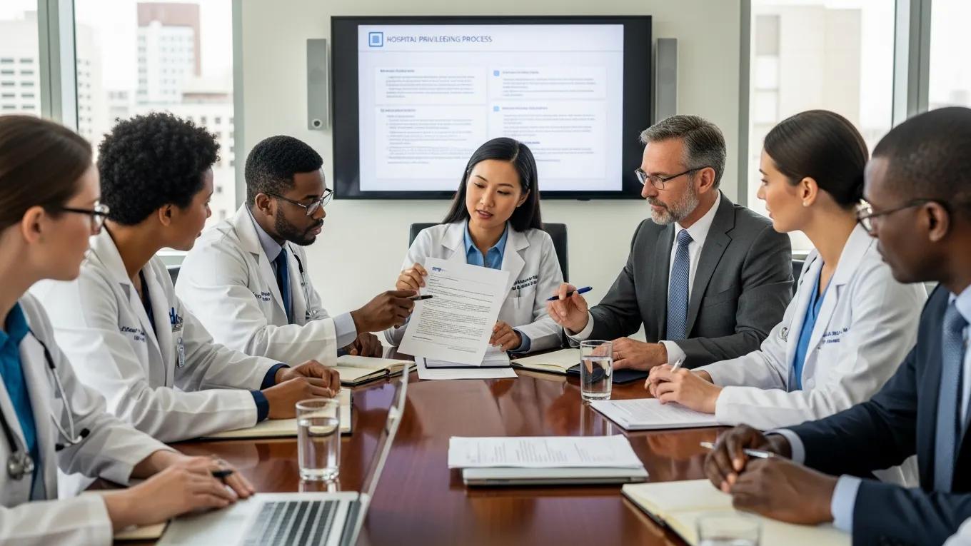 Healthcare providers discussing hospital privileging process in a professional setting