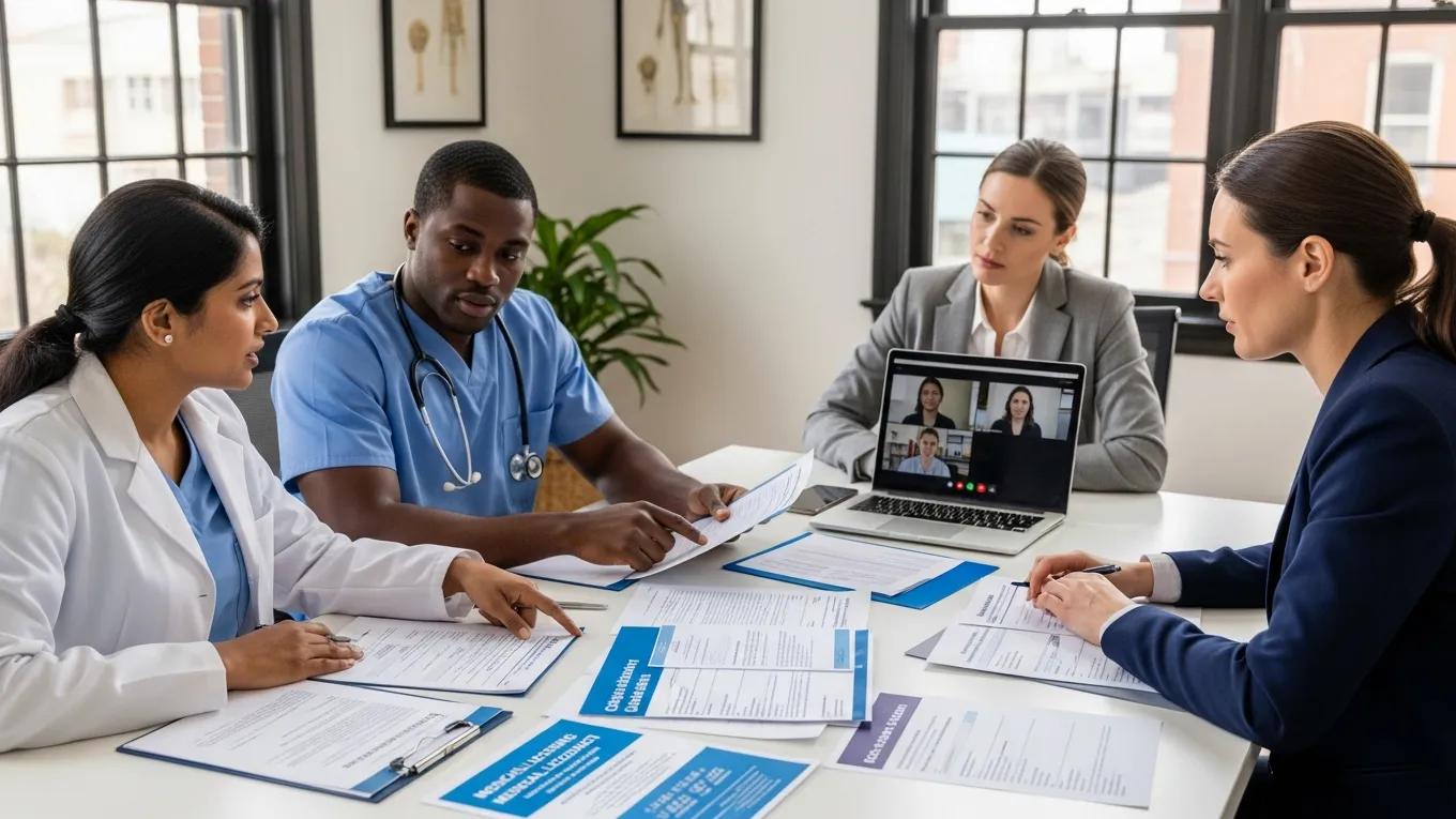 Diverse healthcare providers collaborating on medical licensing documents in a modern office